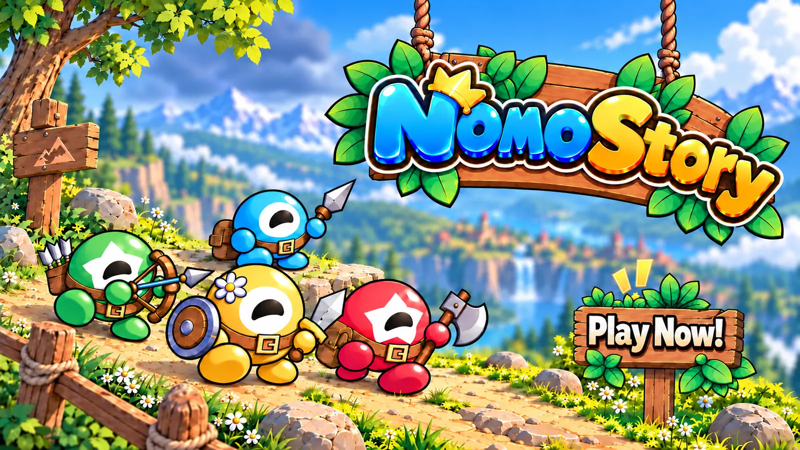 Four NomoStory heroes on a hilltop above the kingdom of Omoland